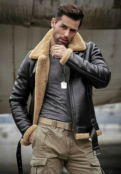 Denny&Dora Sheepskin shearling coat Sheepskin Coat Mens, Mens Leather Jacket Motorcycle, Pilot Leather Jacket, Shearling Leather Jacket, Leather Shorts Women, Pilot Style, Mens Fur Coat, Pilot Jacket, Fur Leather Jacket