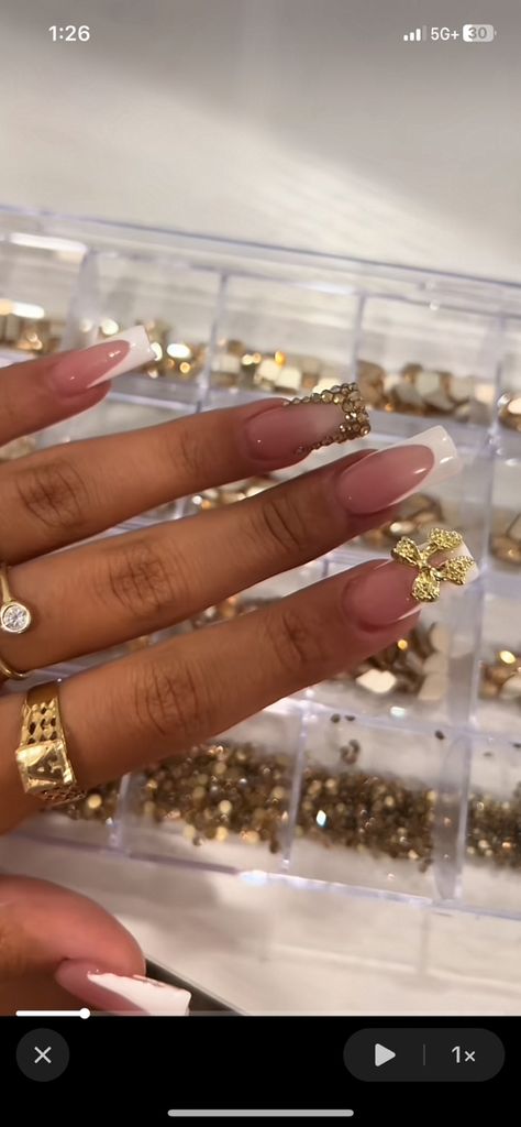 Simple Nail Sets Acrylic, Short French With Rhinestone, French And Gold Nail Designs, Nail Designs With Gold Charms, Gold And French Tip Nails, Gold Nail Set Short, Nail Inspo Gold And White, Nail Inspo With Rhinestones, Short Acrylic Nails Gold