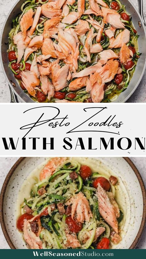 pesto zoodles with salmon Noodles With Salmon, Salmon Pesto Pasta, Pesto Zucchini, Pesto Zoodles, Pesto Zucchini Noodles, Sautéed Zucchini, Crispy Pancetta, Homemade Pesto Sauce, Pesto Salmon