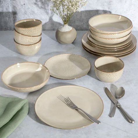 Gibson Elite Matisse 16-Piece Double Bowl Set & Reviews | Wayfair Aesthetic Plate Set, Minimalist Dinnerware Set, Neutral Dinner Plates, Place Settings Everyday, Kitchen Plates Set, Apartment 2023, Breeze Color, Bowl Meals, Meals For Four