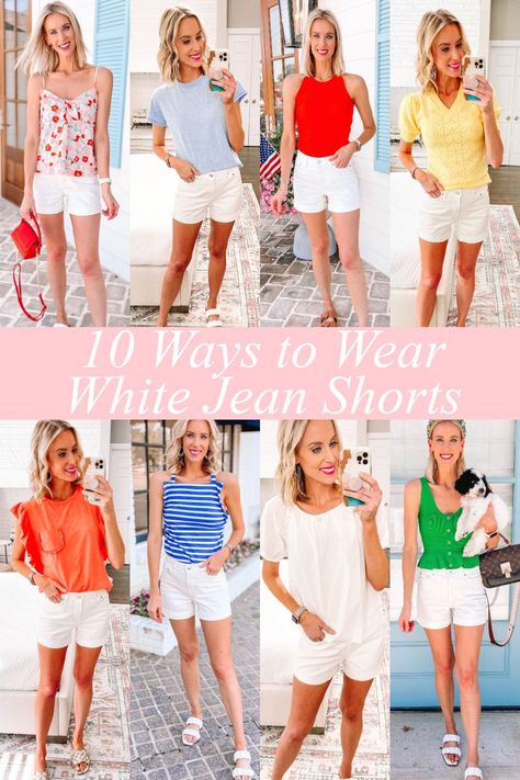 Styling White Shorts Summer Outfits, Cute Outfits With White Shorts, White Top And Shorts Outfit, White Short Outfits Summer, White Short Jeans Outfit, What To Wear With White Shorts, Homestead Attire, How To Style White Shorts, White Jean Shorts Outfit Summer