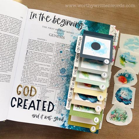 Scripture Scrapbook Ideas, Bible Journaling Color Coding, Bible Journaling Genesis 1:1, Genesis Bible Journaling Notes, Bible Tags, Aesthetic Bible Journaling, Journaling Printables, Bible Journaling Printables, Inspire Bible