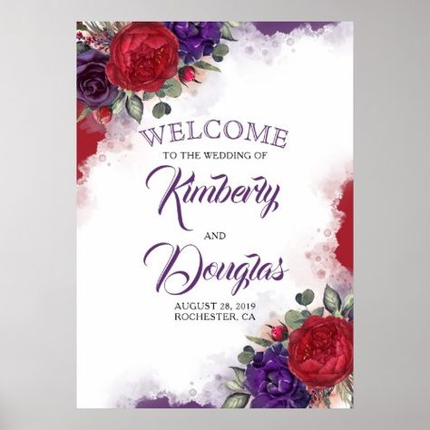 $37.25 | Burgundy Red Floral Eggplant Wedding Welcome Sign #wedding welcome sign, burgundy, modern, floral, fall, plum purple, aubergine, eggplant, dark purple, marsala Red Purple Wedding Decorations, Red And Purple Wedding Invitations, Red And Purple Wedding Theme, Purple And Red Wedding Theme, Red Purple Wedding, Red And Purple Wedding, Eggplant Wedding, Red Decorations, Red Wedding Theme