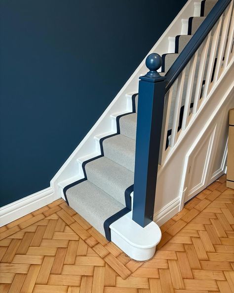 Immaculate install by the very talented Simon based in Chester. We edged the stair runner in a navy blue herringbone tape. #carpetedging #carpetwhipping #stairrunner #carpetbinding #stairs #staircarpet #carpet #tapebinding Blue Carpet Runner On Stairs, Navy Carpet Stairs, Navy Staircase, Navy Stairs, Navy Carpet, House Staircase, Condo Remodel, Blue Carpet, Stair Runner Carpet