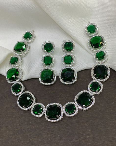 Beautiful AD/CZ stones necksets. Comes with matching earrings. Green Diamond Jewellery, Ad Necklace Set, Jewelry Room, Areca Nut, Diamond Necklace Wedding, Jewelry Ad, Aesthetic Jewellery, Pandora Bracelet Designs, Blessed Wednesday