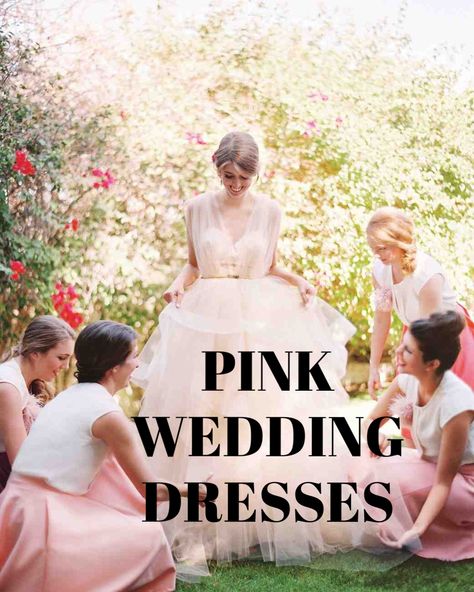 16 Pretty-in-Pink Wedding Dresses | Martha Stewart Weddings - For her pink wedding in Palm Springs, this bride knew she was going to be wearing a blush-colored dress. Her Chaviano Couture gown featured illusion straps, a billowing skirt, and a delicate gold belt. Casual Pink Wedding Dress, Short Pink Wedding Dress, Soft Pink Wedding Dress, Pale Pink Wedding Dress, Pink Wedding Gown, Pale Pink Weddings, Soft Boy Aesthetic, Blush Colored Dress, Pink Wedding Gowns