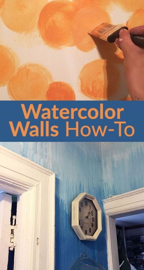 Watercolour Paint Effect on walls Love the idea and the blue wall in tutorial is lovely but I wouldn't consider the orange wall to have a  watercolour effect and I don't like that example.  Great concept to consider tho. Paint Techniques For Walls, Ottawa Apartment, Painting A Wall, Watercolor Mural, Painting House, Bedroom Redesign, Wall Painting Techniques, Diy Wall Painting, Diy Accent Wall