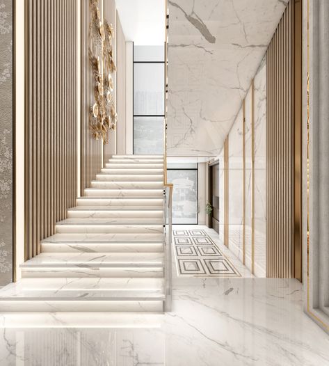 Dubai Villas | Stairs Area Design on Behance Staircase Luxury, Luxury Stairs, Modern Stair Railing, Staircase Design Modern, Marble Staircase, Contemporary Staircase, Stairs Design Interior, Marble Stairs, Stair Railing Design