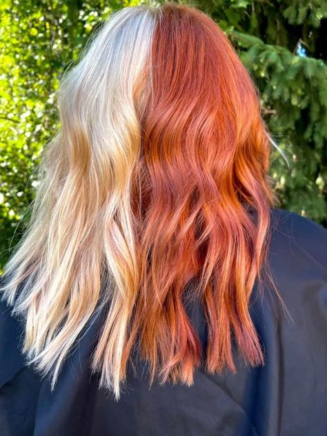 Copper Half And Half Hair, Split Dyed Hair Fall Colors, Blonde And Copper Split Hair, Split Dye Color Combos, Split Dye Color Ideas, Copper Split Dye Hair, Fashion Hair Color Trends 2023, Split Hair Color Ideas Blondes, Hair Dye Ideas Half And Half