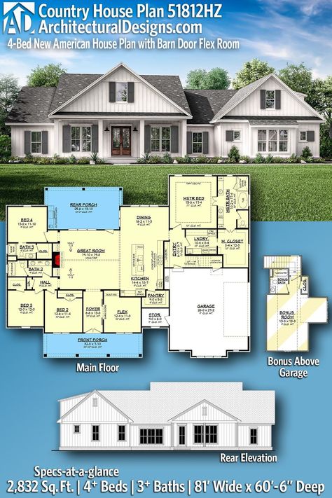 House Plan 51812HZ gives you 2800 square feet of living space with 4+ bedrooms and 3+ baths New American House Plans, Covered Outdoor Kitchens, Two Master Suites, Stair Plan, American House Plans, 4 Bedroom House Plans, American Houses, American House, Flex Room