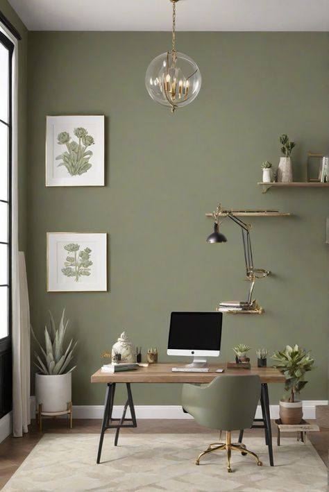 home decor interior design,interior bedroom design,designer wall paint,home paint colors Sage Green And Black Office, Grey And Green Office Ideas, Hygge Office At Home, Olive Green Home Office, Home Office Feature Wall, Office Accent Wall Paint, Sw Artichoke, Edgecomb Gray Walls, Green Walls Office