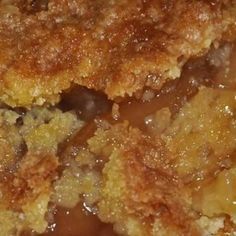 Caramel Apple Dump cake recipe - •2 cans of apple pie filling (you can also use cherry, blueberry, etc.) •1 box of yellow cake mix •2 sticks of butter, melted (1 cup) •1/2 cup caramel sauce (like you would put on ice cream) •1/2 tsp cinnamon (optional) •1/2 cup chopped pecans (optional) •Whipped cream for garnish (optional) Apple Dump Cake Recipe, Apple Dump Cake, Caramel Apple Dump Cake, Dump Cake Recipe, Apple Dump Cakes, Apple Pie Filling, Dump Cake Recipes, Just A Pinch, Dump Cake