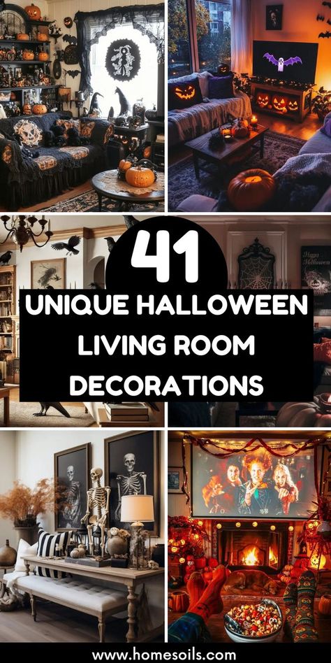 Spook up your space with these 41 unique Halloween living room decorations! From eerie accents to creative setups, transform your home into a haunted masterpiece. Visit our site for inspiration to make your Halloween unforgettable! Halloween Living Room Decor Ideas, Spooky Living Room, Halloween Living Room Decor, Halloween Fireplace, Halloween Living Room, Decor Ideas For Living Room, Happy Halloween Banner, Halloween Decor Ideas, Style Apartment