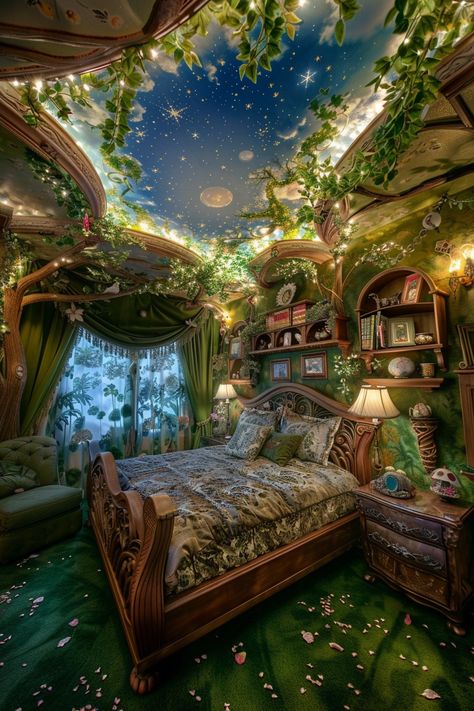 Escape to Enchantment: Tour a Whimsical, Nature-Themed Bedroom Oasis Magical Forest Bedroom Ideas, Bedroom Decor Whimsical, Elvish Room Aesthetic, Forest Ceiling Bedroom, Fairy Tale House Interior, Fairy Cottage House Dream Homes, Green Fairy Room Aesthetic, Fantasy Inspired Home, Druid Room Aesthetic