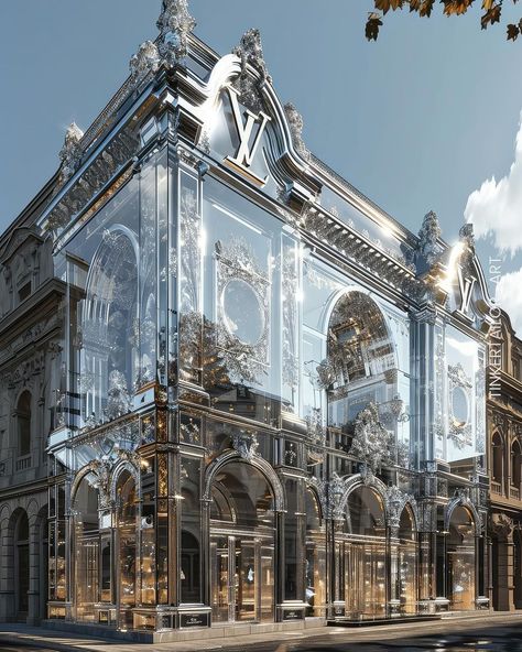 ✨ Luxurious facade design, a celebration of maximalism and Baroque style, adorned with lavish silver details and exquisite mirrors.… | Instagram Mirror House, Baroque Architecture, Art Deco Architecture, Baroque Style, Maximalism, Conceptual Design, Nature Indoors, Futuristic Architecture, Facade Design