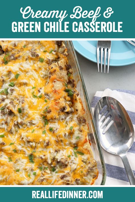 My new favorite dinner! This Creamy Beef and Green Chili Casserole is going to knock your socks off! #greenchilicasserole #beef #mexicanfood #mexican #cornchips #creamofchickensoup #cheese #familyfriendly #easy #weeknightdinner #dinnerideas #dinner ~ https://reallifedinner.com Dinner Enchiladas, Green Chile Casserole, Green Chili Casserole, Enchiladas Beef, Green Chili Enchiladas, Chili Casserole, Green Chile Recipes, Green Chili Recipes, Ground Beef Chili