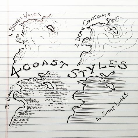 There are lots of ways to indicate water on a map with lines – and many more with tone or colour. Here are four I regularly use. 1. Broken Waves After you have your coastline, use short, gently curving lines along the shore. The lines should follow the shapes of the coast, but smooth out … Map Sketch, Fantasy Map Making, Fantasy World Map, Fantasy Maps, Drawn Map, Coast Style, Karten Design, Dungeon Maps, D D Maps