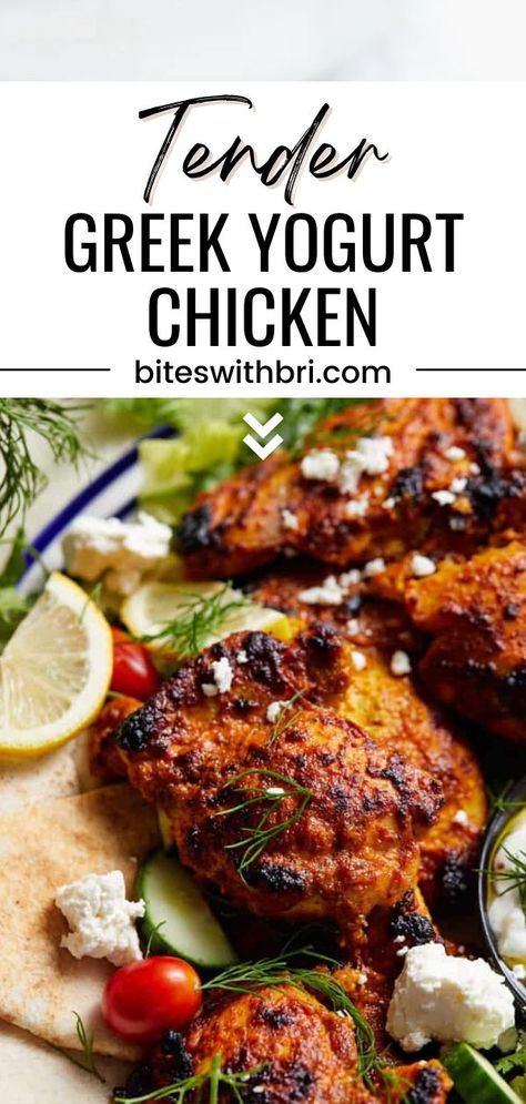 This Tender Greek Yogurt Chicken is easy and so delicious! This recipe is great for meal prep because it can be used in a variety of dishes. Garlic Greek yogurt chicken thighs are super moist. The chicken is broiled at the end to add color and more of a grilled/charred flavor, but it is made completely in the oven. The marinade can be made in advance to make dinner time even easier. This recipe is an easy & healthy dinner idea. It is gluten-free and low carb/keto. Greek Yogurt Chicken Thighs, Yogurt Chicken Thighs, Chicken Marinade Yogurt, Greek Yogurt Chicken Marinade, Greek Yogurt Chicken Recipes, Greek Yogurt Marinated Chicken, Chicken Delight, Greek Chicken Marinade, Yogurt Marinated Chicken