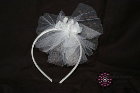 While tulle with white ribbon center bow on a headband.   (One size fits all) Puff Headband, Tulle Headband, Flower Girl Headband, Girl Crafts, Flower Girl Headbands, Tulle Flower Girl, Wedding Ribbon, Turban Headbands, Crafts For Girls