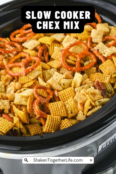 Slow Cooker Chex Mix combines the crunch of cereal, pretzels, and nuts with savory seasonings. Just toss everything in the slow cooker for a couple of hours, and you've got a crowd-pleasing snack ready to enjoy. Chex Mix Slow Cooker, Chef Mix Recipes Homemade, Crockpot Fall Chex Mix Recipes, Crockpot Chex Mix Recipes Slow Cooker, Slow Cooker Chex Mix Recipes, Pub Mix Recipe, Fishing Snacks, Chex Mix Recipes Crock Pot, Crockpot Receipts