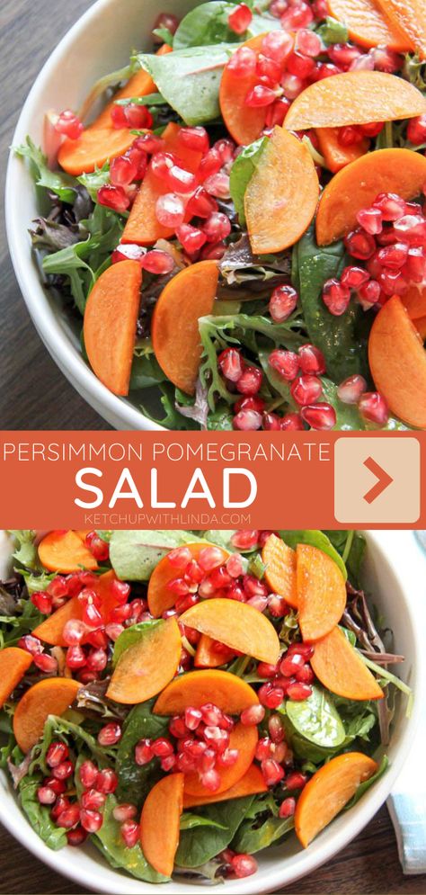 Persimmon Salad Winter, Persimmon Pomegranate Salad, Salad With Persimmons, Persimmon Salad Recipe, Healthy Fall Food, Pomegrante Salad, Persimmon Salad, Persimmon Recipes, Thanksgiving Salad