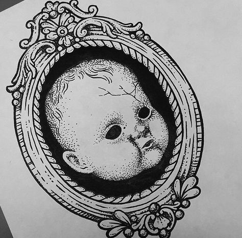 Haunted Doll Tattoo, Babydoll Head Tattoo, Creepy Doll Tattoo Ideas, Vintage Doll Tattoo, Creepy Girly Tattoos, Victorian Doll Drawing, Creepy Eyeball Tattoo, Cameo Tattoo Victorian, Doll Parts Tattoo