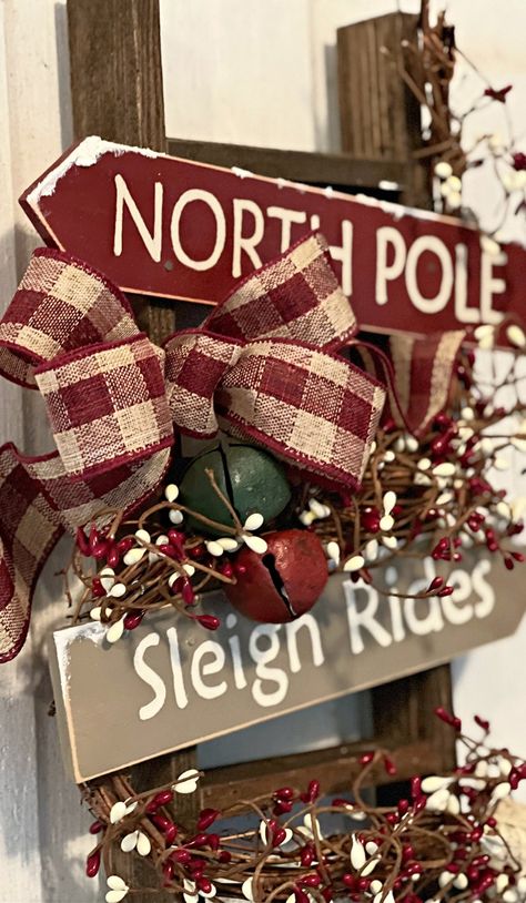 Ladder Decor For Christmas, Farmhouse Outside Christmas Decor, Christmas Shutters Decor, Rustic Country Christmas Decor, Old Sled Christmas Decor, Old Sleds Decorated For Christmas, Vintage Sled Christmas Decor, Christmas Boutique Ideas, Hanging Ladder Decor