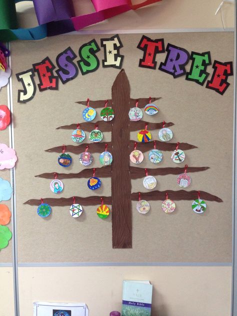 Jesse Tree Bulletin Board, Tree Door Decoration, Tree Bulletin Board, Bulletin Board Tree, Advent Ideas, Tree Door, Jesse Tree, Advent Activities, Catholic Crafts