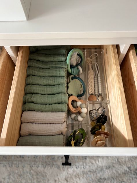 Small Closet For Nursery, Top Drawer Nursery Organization, Nursery Drawer Organization Ideas, Baby Drawer Organization Ideas, Nursery Closet Organization Ideas Small, Pacifier Organization Nursery, Nursery Dresser Drawer Organization, Kids Kitchen Drawer Organization, Binky Storage Ideas