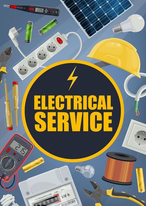 Electrical service, vector tools and equipment Lightbulb Lamp, Tool Logo Design, Electric Engineering, Electrician Logo, Man Tools, Electrical Troubleshooting, Electrician Services, Tool Logo, Refrigeration And Air Conditioning