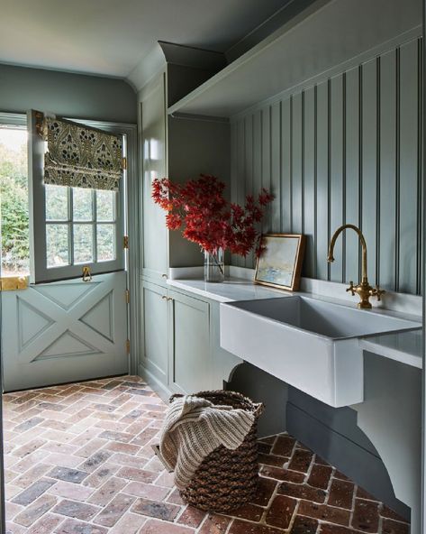 Charming Mud Room Paint Colors for Laundry & Utility Rooms - Hello Lovely Mud Room Paint Colors, Mudroom Paint, Mudroom Paint Color, Herringbone Brick Floor, Green Laundry, Dream Laundry Room, Laundry Room Flooring, Mudroom Design, Brick Flooring