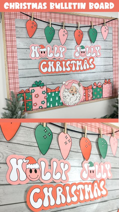 Decorate your classroom for Christmas with this boho, retro bulletin board kit! Create a beautiful Pinkmas bulletin board or classroom display with Christmas smiley faces for the holidays. These printable groovy, cute designs include ideas for a retro Santa, presents, phrases, bunting, borders and editable student names Holidays Bulletin Board Ideas, Retro Christmas Classroom, Boho Christmas Classroom, December Bulletin Board Ideas For School, Christmas Soft Board Decoration, Classroom Christmas Decor Ideas, Christmas Classroom Decor Ideas, Retro Bulletin Board Ideas, Christmas Board Decoration