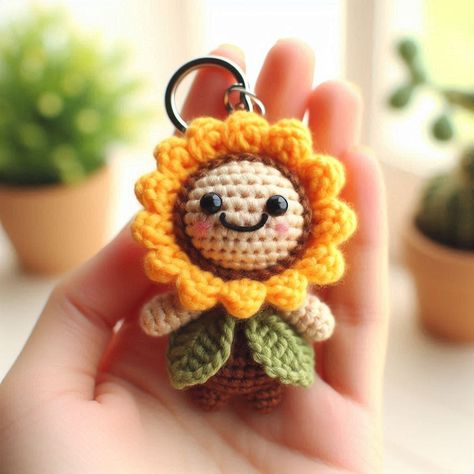 Amigurumi Flower Keychain, Crochet Key Chains Free Pattern Flower, Crochet Sunflower Keychain Pattern Free, Crochet Keychain Charms, Keychain Amigurumi Free Pattern, Free Keychain Crochet Patterns, Key Chains Crochet, Crochet Keychain Pattern Free Easy, Free Crochet Keychain Patterns