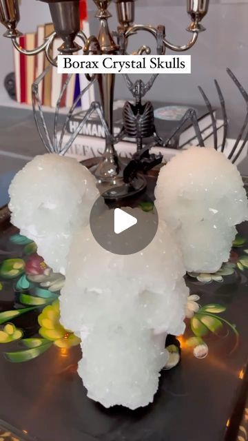 Lynzi Judish on Instagram: "These borax crystal skulls turned out so cool! I did these two years ago and I’m gearing up to experiment with some more spooky items this year. 

Directions:
1. Dissolve a box of borax into your pot and bring to a boil. It’s black because I added some food coloring, but it didn’t work. I’m going to try a different kind this year. 
2. Remove from heat and add your object. Make sure they are fully submerged and leave for 24 hours. 
3. Use a tiny amount of hot water at the bottom of your pot to loosen your item. Then voila! 

These are still covered in crystals two years later. They’re starting to come off toward the back and oxidizing. They’re also very delicate, but if you take care of them you can keep them long term. Keep out of direct sunlight. Regardless the Borax Crystals Diy Skull, Borax Crystals Diy, Spooky Items, Borax Crystals, Diy Skulls, Two Years Later, Crystal Skulls, Diy Crystals, Year 2