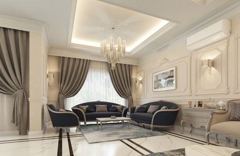 Semi Classic Villa Reception with a Guest Toilet. on Behance Semi Classic Furniture, بيوت ملكية, Sitting Room Design, Classical Interior, Drawing Room Interior, Modern Villa Design, Luxury Living Room Design, Lobby Interior, Classic Interior Design