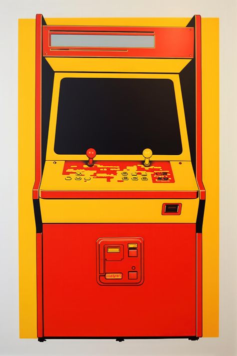 Add a touch of nostalgic fun to your living space with this vintage art print featuring a classic red and yellow arcade machine set against a crisp white background. This modern retro gaming art is perfect for any living room, bedroom, or home decor seeking a playful and vibrant accent. This contemporary illustration, capturing 80s gaming culture, is a delightful addition for any gamer's room. Add this framed arcade machine print to your decor for a unique tribute to arcade gaming's golden age. Vintage Golden Frame, Red And Yellow Branding, Arcade Machine Illustration, Arcade Sign, Street Fighter Arcade, Arcade Art, 70s Ceramics, Diy Arcade, Arcade Console