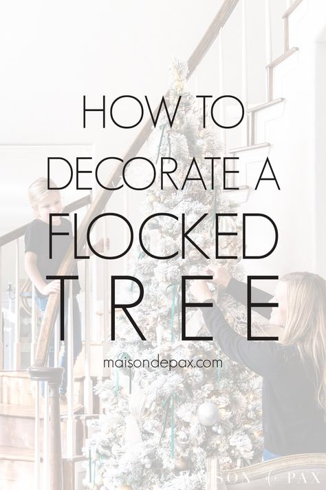 Farmhouse Flocked Christmas Tree Ideas, Flocked Tree Ideas, Flocked Trees Ideas, Flocked Trees Decorated, Pencil Trees Decorating Ideas, Beautiful Christmas Trees Decorated, White Flocked Christmas Tree, Metallic Ornaments, Garland Ribbon