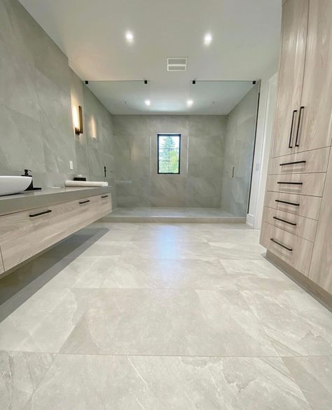 Perfect Level Master | When you have this kind of space, there is no choice but to #MakeItPerfect.⁠ ⁠ “Allllllooot of work went into this one. From layout to… | Instagram Large Tile Wet Room, Large Marble Tile Floor, Large Stone Tile Bathroom, 48x48 Porcelain Tiles, Wall To Floor Tile Bathroom, Large Format Tile Bathroom Master Bath, Large Tile Floors, Bathroom Floor And Wall Tile Ideas Modern, Apartment Tile Flooring