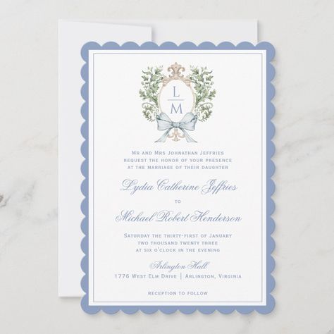 The elegant watercolor monogram crest gives this wedding invitation a beautiful and timeless look that any sophisticated bride will love.   Personalize this invitation with your initials inside the crest on front and back.  Colors include, light blue, green, golden yellow and tan.  If you have any questions or need help customizing this invitation, please reach out. I'm happy to help. Blue And Green Invitations, Blue Green Wedding Colors, Planning 2023, Crest Invitation, Blue Green Wedding, Crest Monogram, Green Invitations, Watercolor Monogram, 2025 Wedding