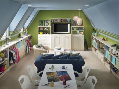 I love this play room! From the side bookshelves, dress up area, movie watching, arts and crafts table...love it! Colorful Playroom, Attic Playroom, Attic Renovation, Attic Remodel, Playroom Design, Playroom Organization, Ideas Hogar, Attic Bedroom, Bonus Rooms