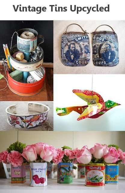 Dishfunctional Designs: Upcycled: Vintage Tea, Spice, & Biscuit Tins Repurposed Cans, Upcycled Garden, Garden Birdhouses, Cat Houses, Cat House Diy, Repurposed Art, Tin Tiles, Recycled Tin, Tin Can Crafts