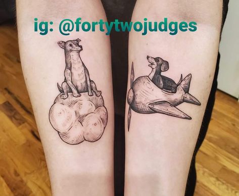 Flying dogs by @/fortytwojudges on insta. Would be cute to have a little pig in the plane? Dog Of Wisdom, Wisdom Tattoo, In The Plane, Plane Tattoo, Flying Tattoo, Flying Dog, Sick Tattoo, Dog Tattoo, Dog Tattoos