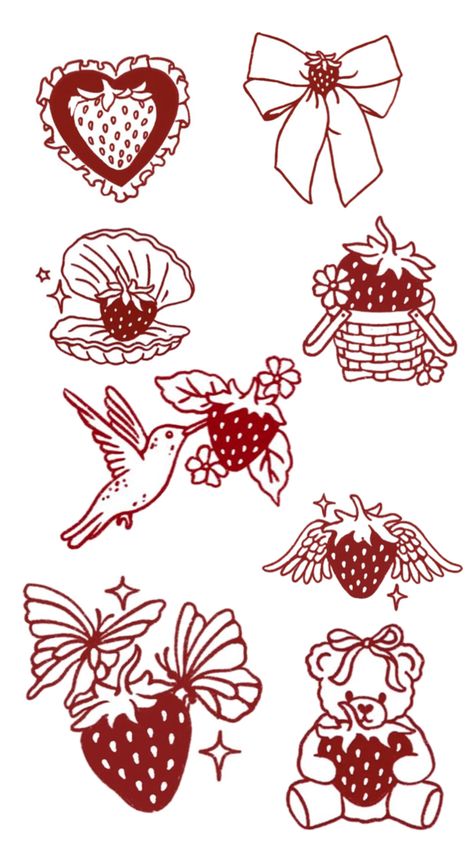 Strawberry Design Illustration, Strawberry And Cherry Tattoo, Strawberry Bow Tattoo, Strawberry Flash Tattoo, Sticker Flash Tattoo, Sweet Like Cinnamon Tattoo, Strawberry Illustration Design, Strawberry Doodle Aesthetic, Heart Cake Tattoo