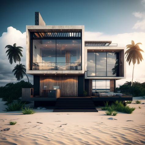 House Design Near Beach, Futuristic Beach House, Aesthetic Beach House Exterior, Dark Beach House, Dream Beach Houses Luxury, Beach House Aesthetic Exterior, Beach Villa Design, Cubist Architecture, Beach Modern House