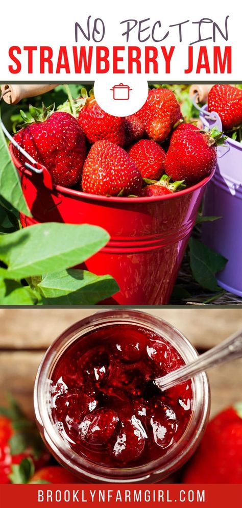 Strawberry Jam recipe that doesn't require pectin. This easy jam is soft and spreads smooth on toast. Includes refrigerator, canning and freezer instructions. Strawberry Jam Recipe Canning, Refrigerator Canning, No Pectin Strawberry Jam, Easy Jam Recipe, Easy Strawberry Jam, Easy Jam, Strawberry Jam Recipe, Cucumber Recipes, Jam Recipe