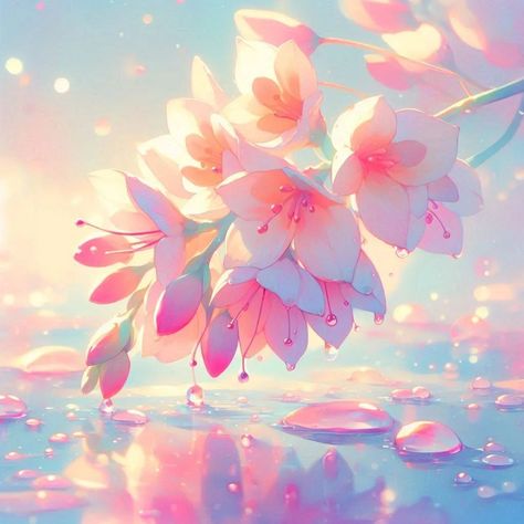 “Beauty is a light in the heart.” 🌸✨ . . -Image details: 1. The image is an artistic rendering of a serene and magical setting: - Flowers: Large, delicate flowers grace the scene. Their petals are a pale pink, intricately detailed, and seem to glow softly. - Water Droplets: Numerous glistening water droplets hang in the air or rest gently on the water's surface. Each droplet reflects light, creating an ethereal ambiance. - Background: Soft clouds and a gentle sky form the backdrop, cont... Fantasy Flowers Magic, Large Widget, Glistening Water, Soft Clouds, Aesthetics Photography, Heart Image, Anime Scenes, Art Aesthetics, Pretty Wallpapers Tumblr