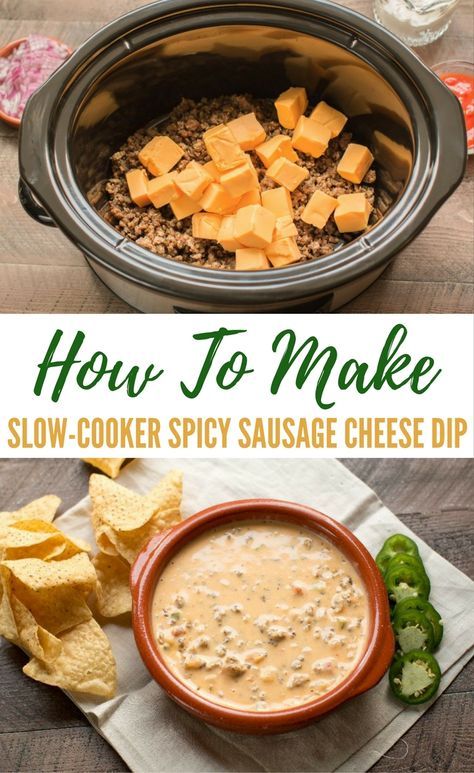 How to make slow-cooker spicy sausage cheese dip! Tired of the same old cheese dip? This one is packed full of flavor with spicy sausage, jalapenos, red onion, sour cream, salsa and creamy cheese. Cheese Dip Recipes Crockpot, Sausage Cheese Dip, Sausage Dip, Crock Pot Dips, Cheese Dip Recipes, Spicy Sausage, Superbowl Party Food, Cheese Flavor, Creamy Cheese