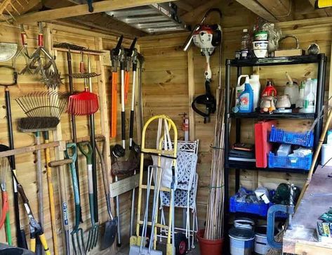 diy-shed-storage-ideas-stevegiudici Metal Shed Tool Storage, She’d Storage Ideas, Metal Shed Organization, Small Shed Organization Ideas, Pallet Shed Ideas, Shed Shelving Ideas, Garden Shed Storage Ideas, Diy Pallet Shed, Garden Shed Organization