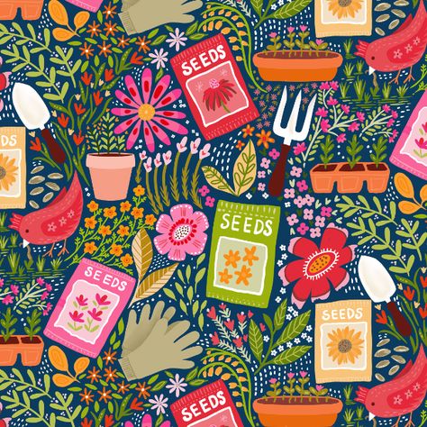 Dopamine Rush Seamless pattern collection by Zoe Feast Gardening Seeds, Scale Fabric, Novelty Fabric, Recycled Canvas, Seed Packets, Canvas Designs, Garden Flowers, Happy Colors, Botanical Garden