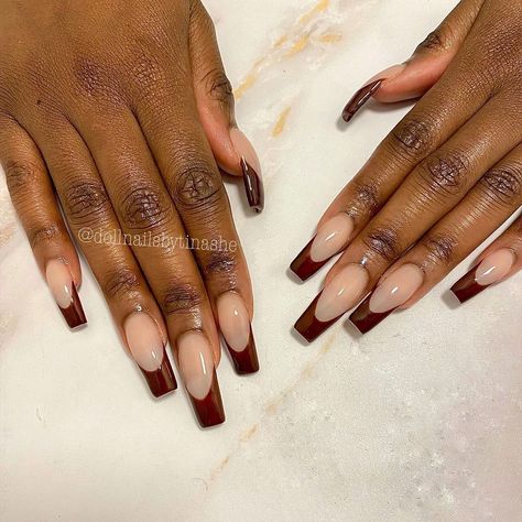 Coloured French Tips, Brown French Tip, Colored French Tips, Brown Acrylic Nails, Brown French, Brown Acrylic, Smile Lines, French Nail Designs, Rainbow Nails